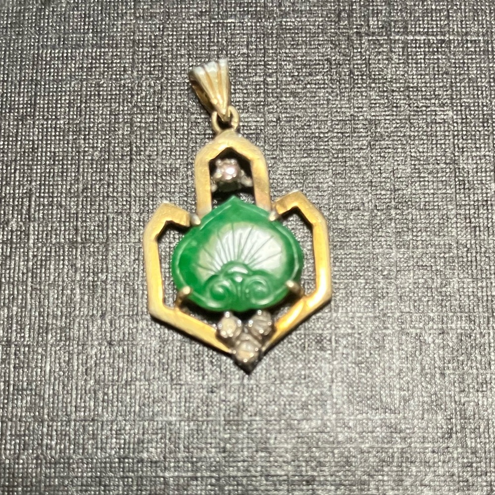 14K Gold Vintage Handmade Carved Jade Pendant with 4 Diamond Accents